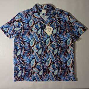 NEW Size L Mens ROWM Short Sleeve Button Front Shirt Polyester Ink Blue Floral